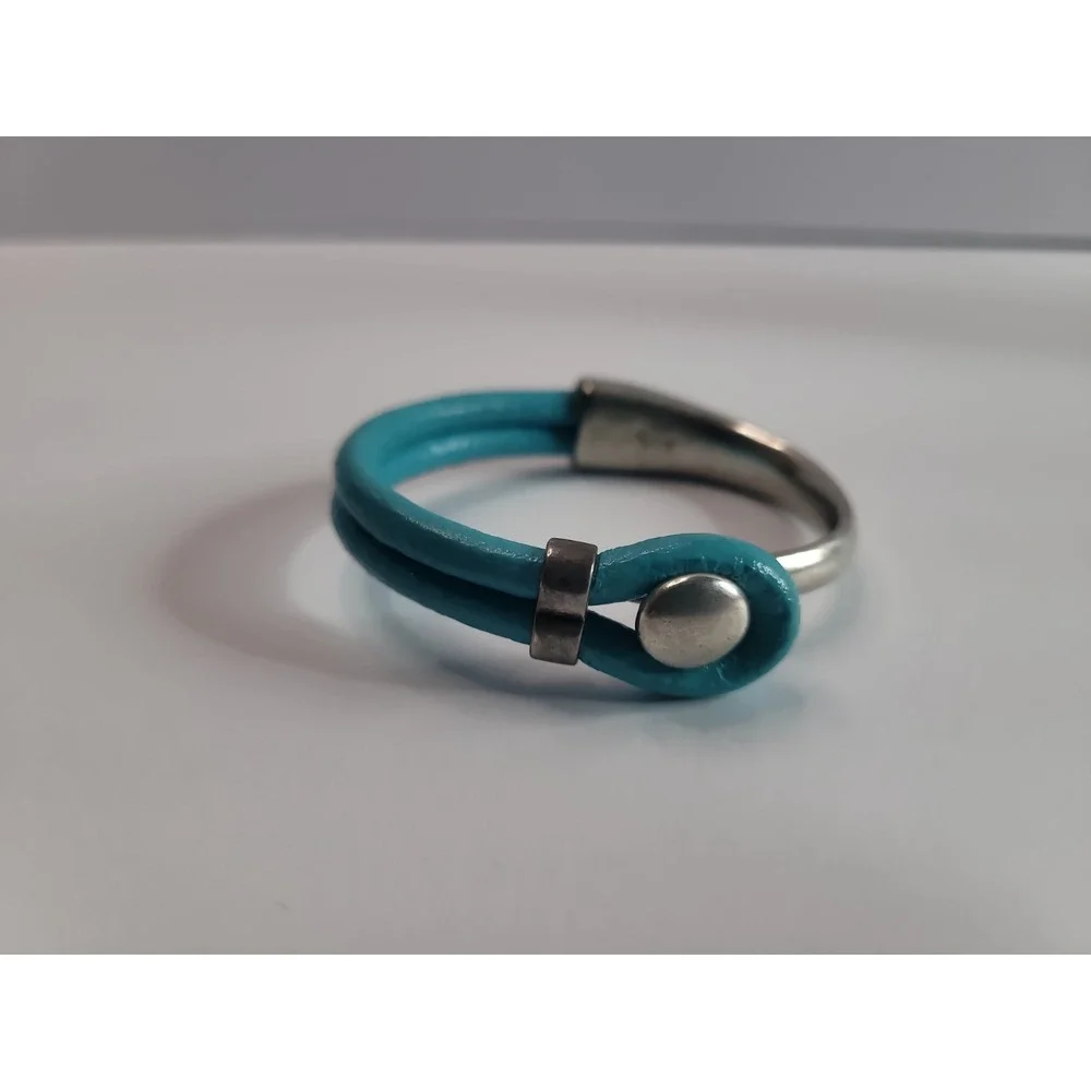 Blue Faux Leather Silver Tone Mixed Media Cuff Bracelet Modern Statement Jewelry